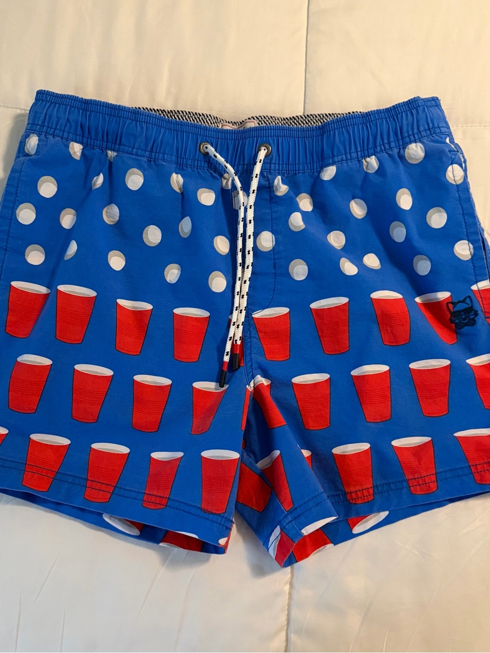Men's Blue Party Print Swim Shorts with Red Cup Motif